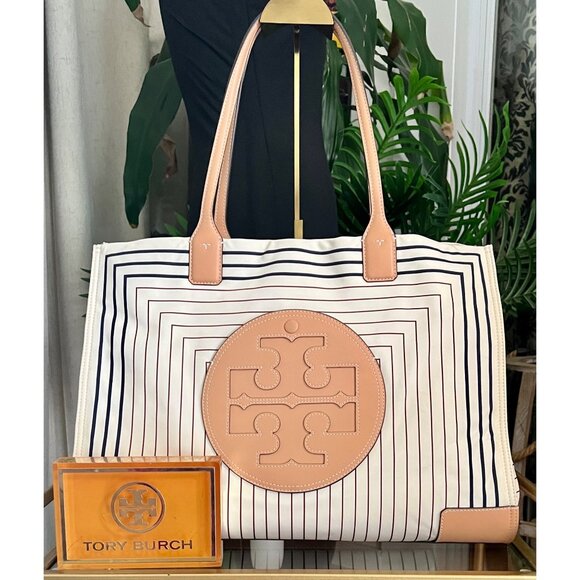 Tory Burch Handbags - Tory Burch Black and Brown Striped Ella Shoulder Bag Tote